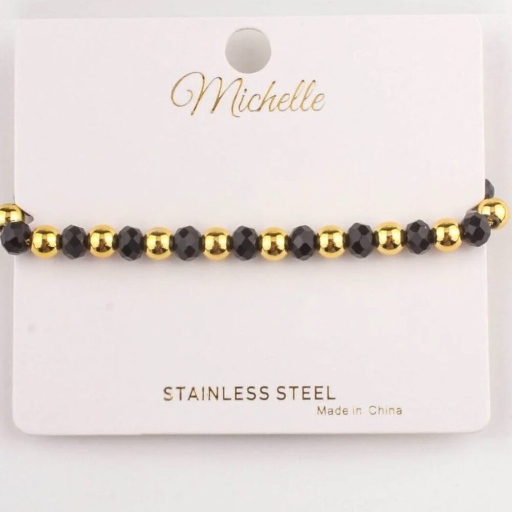 FASHION STAINLESS STEEL BLACK & GOLD PEARL BRACELET - Picture 2 of 2